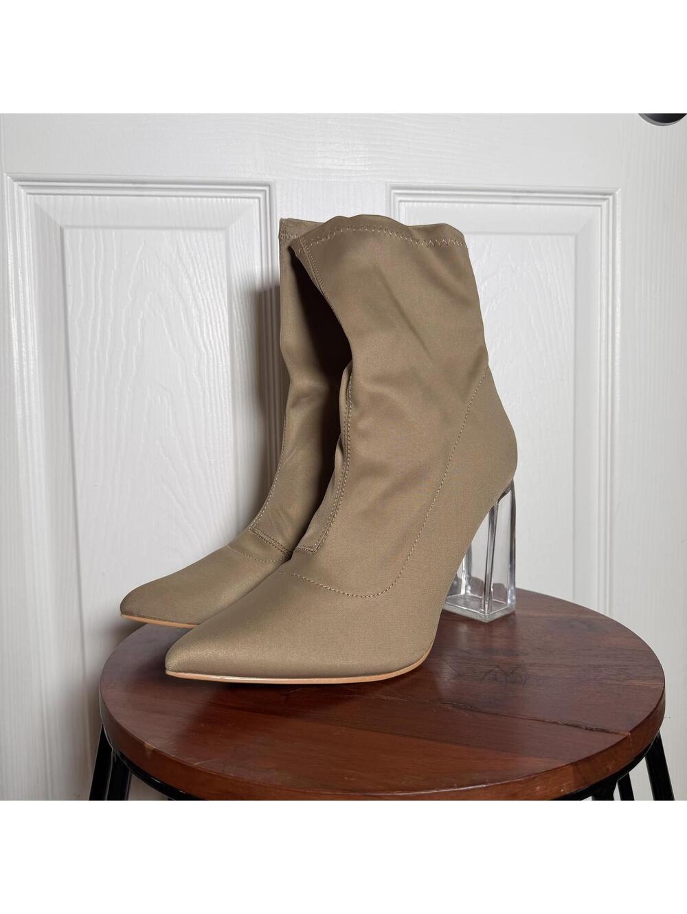 Taupe Pointed Toe Ankle Sock Boots Stretch Fabric Clear Lucite Heel Booties